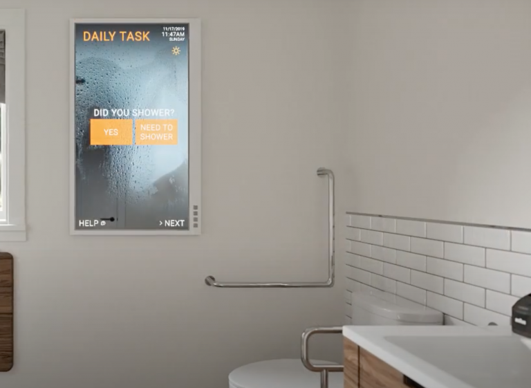 Photo of digital touchscreen in bathroom.