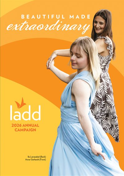 Title: Beautiful Made Extraordinary. Two women dancing on an orange background. The LADD logo is prominent in the left